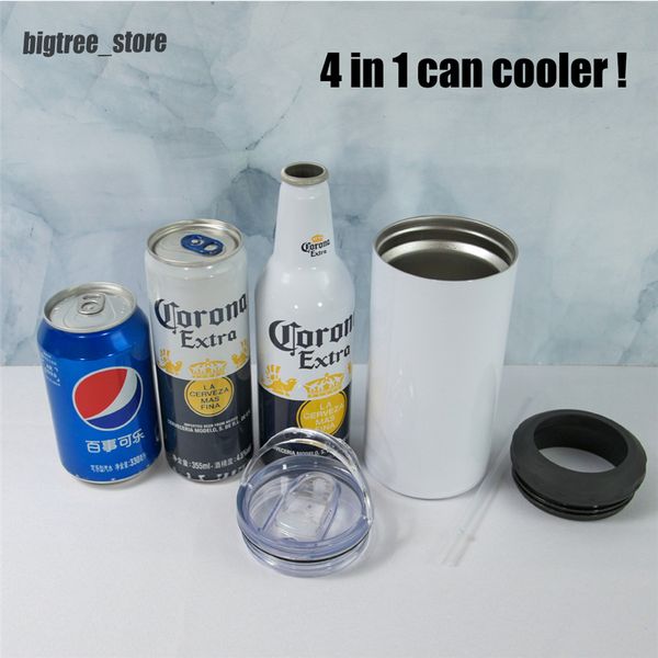 

16oz 4 in 1 sublimation tumbler blank can cooler cans koozie white stainless steel straight tumbler 2 lids coffee mug water bottle