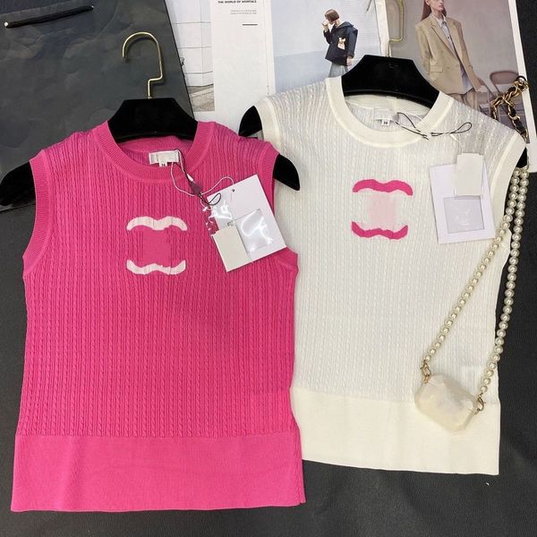 

new fashion channel womens knits wear sleeveless designer sport high-end luxury round neck cotton double yarn embroidery, White