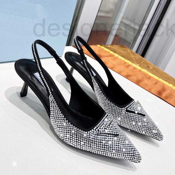 

sandals designer spring and summer new pointed rhinestone cat heel women's triangle baotou back strap slim shoes p8op, Black