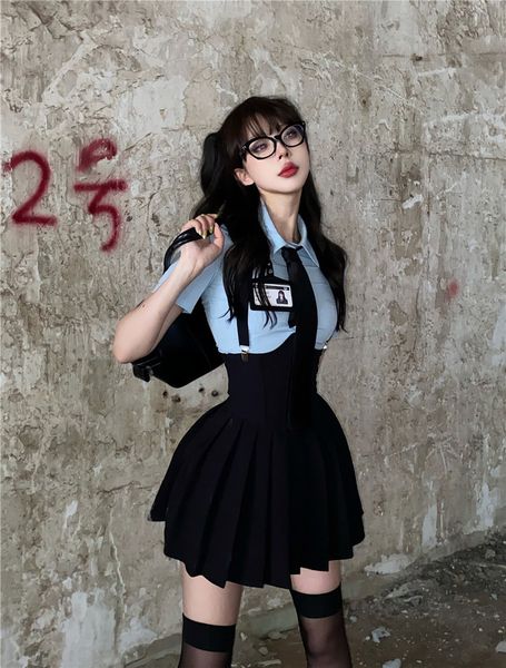 

two piece dress skirt sets ladies korean retro blue shirt with tie waist fishbone dress suit girl uniform preppy college style summer y2k 23, White