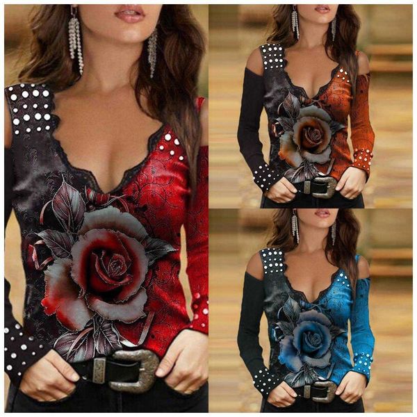 

fall lace decorative shirts v neck printed off the shoulder long sleeve pullover t, White