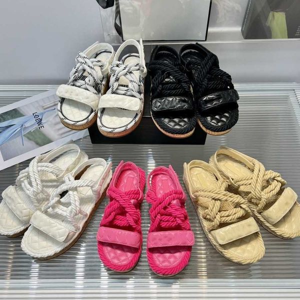 

2023 women rope strap dad sandals designer slippers quilted leather sole espadrilles flat mules platform beach flip flops leather printed la, Black