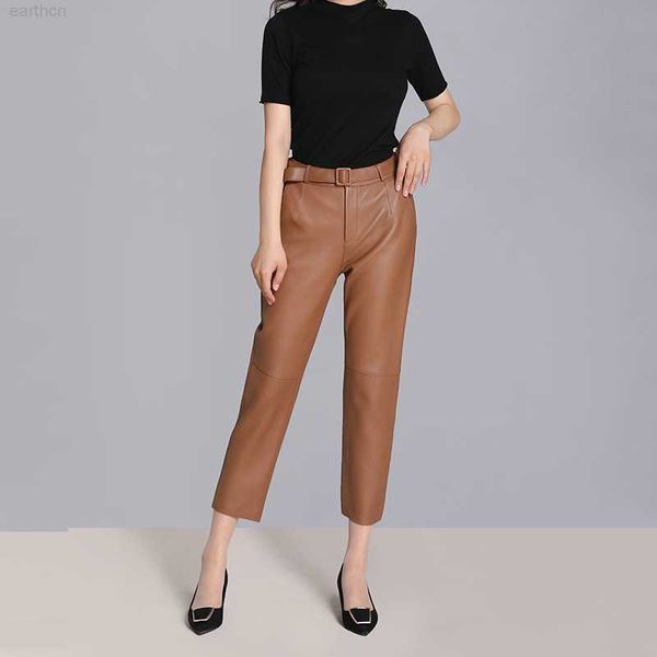 

genuine leather pants women high waist 2023 autumn and winter korean style streetwear trousers women with belt, Black;white