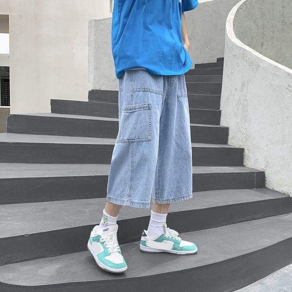 

men s jeans oversized summer streetwear y2k clothes retro denim baggy trend elastic waist straight cropped pants shorts for men 230330, Blue