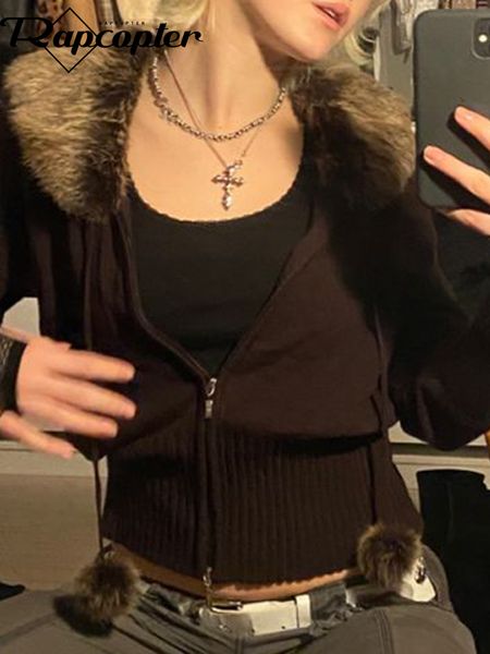 

women's leather faux rapcopter y2k grunge fur knitted jackets zipper vintage cropped coat women harajuku aesthetic cute chic jumpers ko, Black