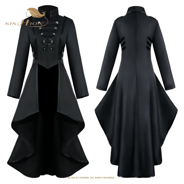 

women's leather faux sishion women medieval victorian costume tuxedo tailcoat gothic steampunk trench vd1984 irregular hem vintage froc, Black