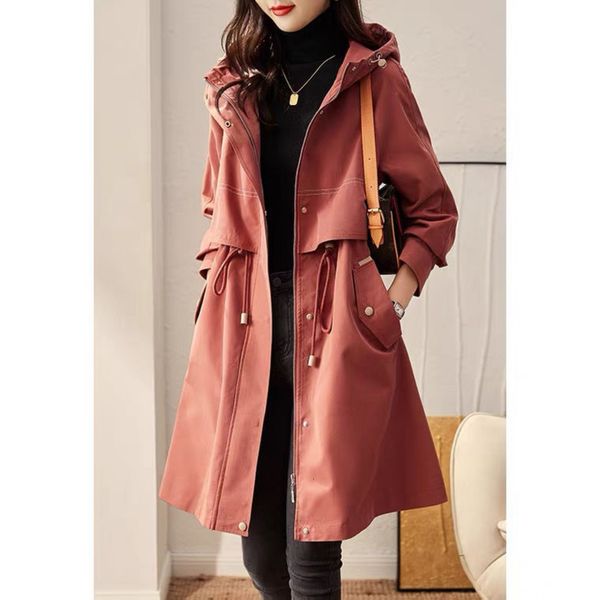 

women's trench coats longsleeved pockets stitching zipper hooded waist drawstring long spring and autumn korean style fashion 230331, Tan;black