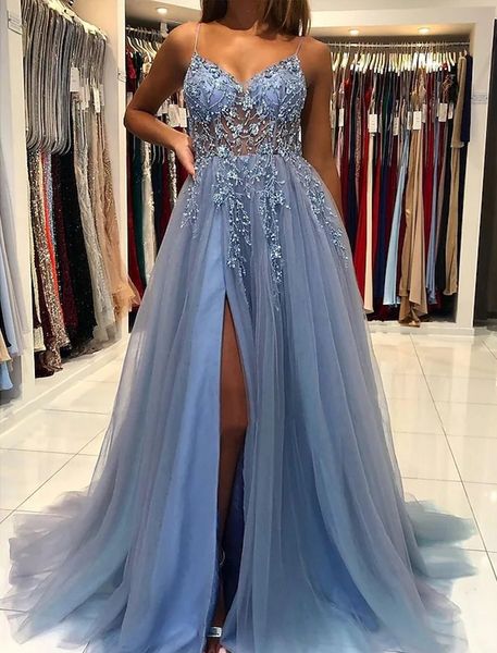 

dusty blue a-line prom party dress 2023 straps sleeveless v neck tulle beading lace slit formal evening gowns vestidos de fiesta customed, Black