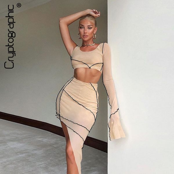 

two piece dress cryptographic sheer mesh and midi skirt fashion outfit autumn long sleeve club party matching set 230331, White