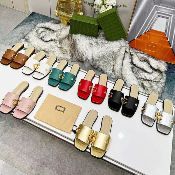

women slippers designer sandals leather slides rubber thick shoes golden letter loafers slip on sandal womens summer beach shoe luxury flip, Black