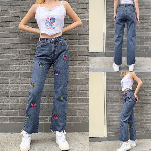

women's jeans y2k butterfly jean harajuku denim troousers casual cowboy female loose streetwear fashion embroidered straight pant 23033, Blue