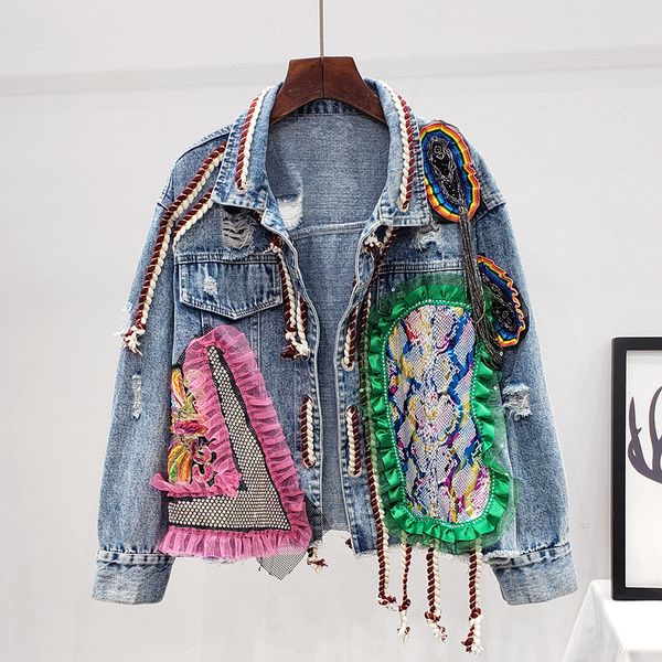 

women's leather faux spring autumn streetwear patchwork print frayed diamonds denim jacket women mesh lace up short casual jean coat fe, Black