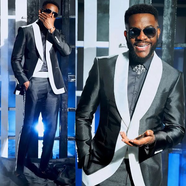

black men wedding tuxedos white shawl lapel slim fit outfits business formal wear jacket sets 2 pieces, Black;gray