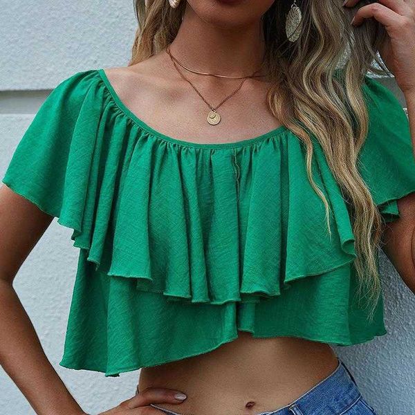 

summer solid color shirt round neck pleated irregular show belly short, White