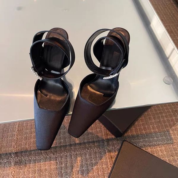 

silk pointed toe dress shoes evening shoes rhinestone buckle embellishments vegan toe ultra high women slingback luxury designer ankle strap, Black