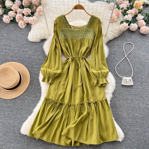 

new casual dresses spring autumn soldi slim full lady dress a line square collar chiffon pullover mid-calf women dresses 2023, Black;gray