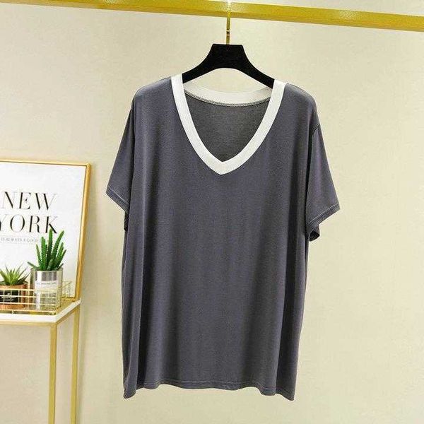 

summer modal v collar blouses contrast color white edge short sleeve womens loose