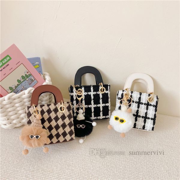 

lady style children woolen handbags girls cartoon pompons pendant one-shoulder bag kids metals chain crossbody bags z1230, Black