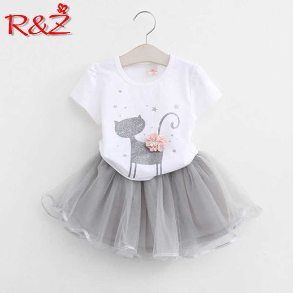 

r z children's suit 2019 summer new girls cotton suit children's printing cartoon kitten t-shirt mini mesh skirt two-piece p230331, White