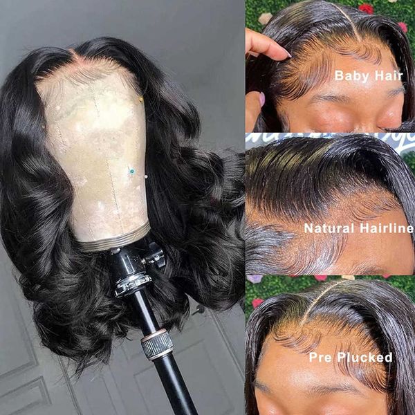 

hair wigs brazilian body wave bob human short for women pre plucked with baby 13x4 lace front natural color 220722, Black