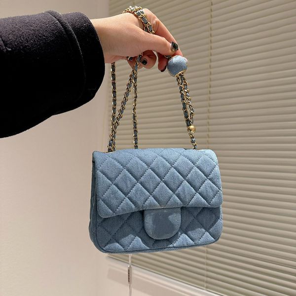 

classic channel mini flap sqaure denim ball bags rectangular quilted purse blue crush beads vanity gold metal hardware matelasse chain cross