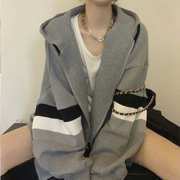 

deeptown hooded sweatshirts harajuku vintage striped thicken oversized zipper hoodie couple women's winter coats gothic clothes p230331, Black