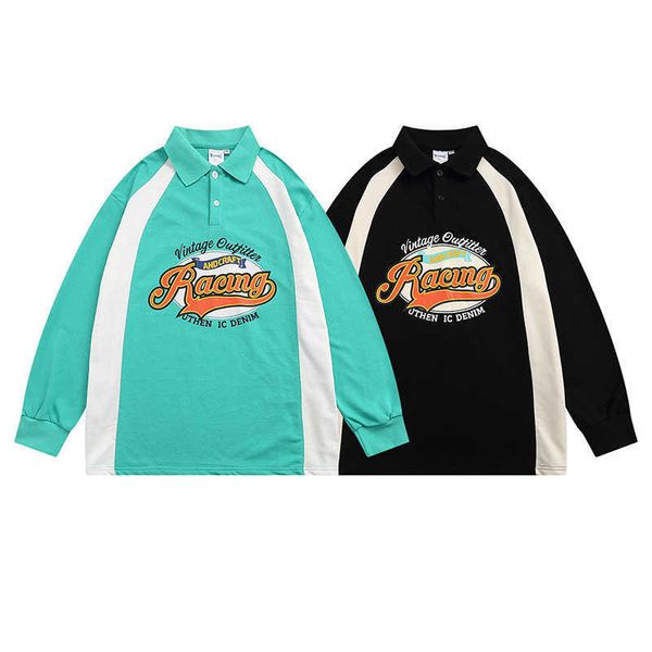 

fall spliced long sleeve polo shirt men's and women's loose fashion couple versatile lazy sweater, Black;white