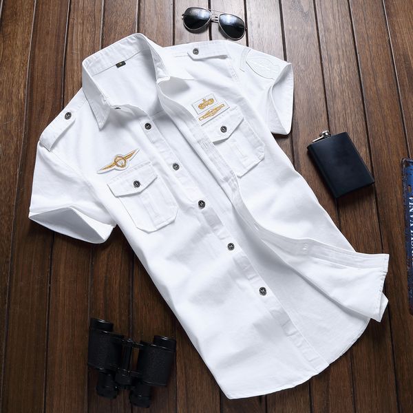 

men's casual shirts military shirt men's casual fashion clothing cotton short sleeve vintage 6xl embroidery white direct 230331, White;black