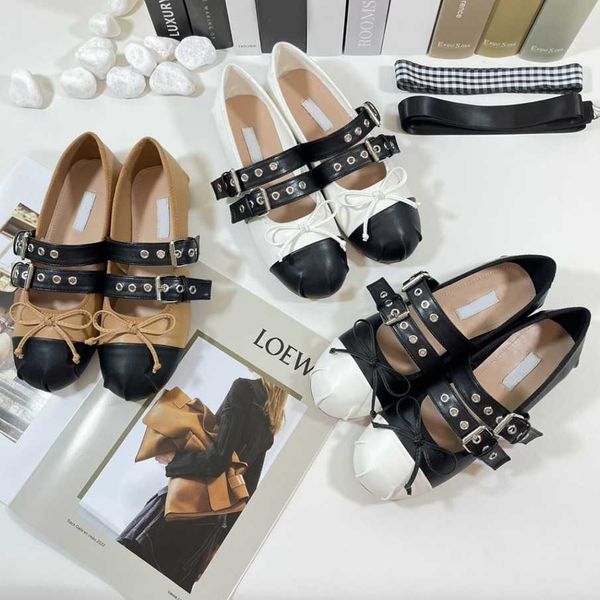 

ballet flats mius 2023 women girls shoes leather ballerinas bow mary jane 2 ankle strap sandal slides dance mules casual banquet crystal dia, Black
