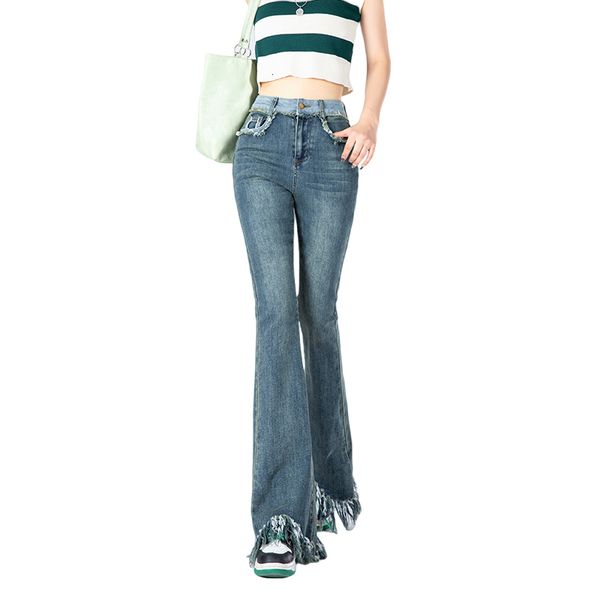 

women's jeans 2023 spring cat beard tassels elastic high waist horn denim pants slim tight korean version women 230331, Blue