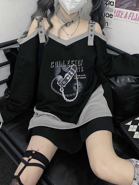 

2023 black y2k harajuku hoodies women off shoulder belted pullover aesthetic sweatshirt female goth printed jersey punk moletom p230331