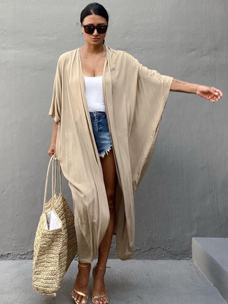 

women's swimwear beach cover up kimono women summer pareo swimsuit cape solid bohemian tunic dresses bathing suits drop 230331, White;black