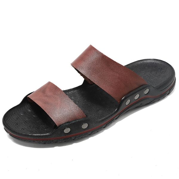 

new real cowhide handmade men sandals and slippers summer beach slippers men's slippers big size 38-48, Black
