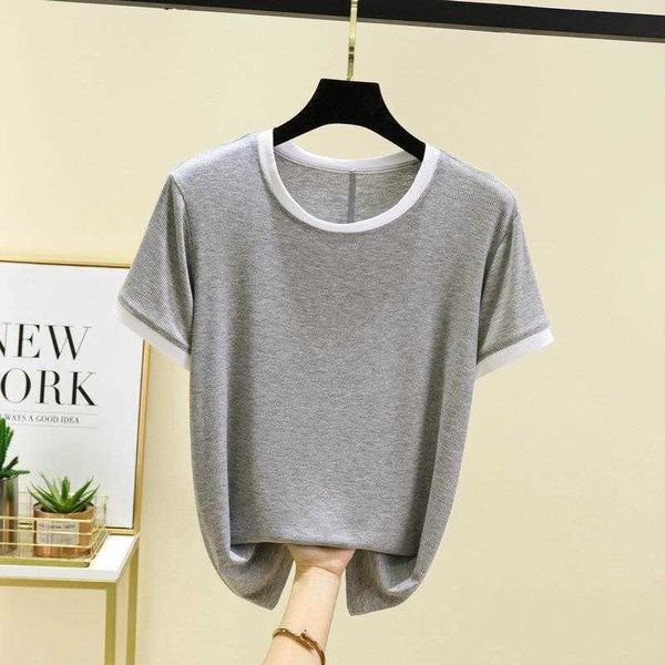 

summer style shirt white thread knitted short sleeved t female contrast color