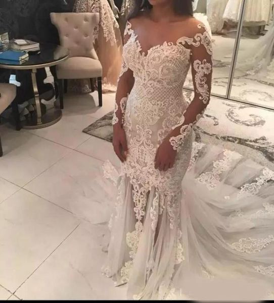 

mermaid lace wedding dresses with sheer neckline appliques illusion long sleeves wedding dress see through tulle long train b9093639, White