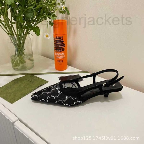 

sandals designer low heel spring new style diamond embedding thin heels women's shoes embroidery mesh hook button pointed high ocug, Black