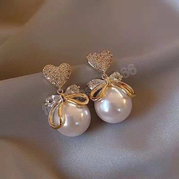 

big pearl dangle earrings for women trendy crystal bowknot heart korean sweet earrings daily life jewelry accessories, Silver