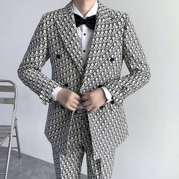 

men's suits blazers men's set 2pc printed jacket pants wedding groom evening dress formal business jacket slim fit set 230330, White;black