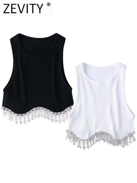 

women's tanks camis zevity women high street hem tassel diamond beading knitting t shirt chic short tank lady slim crop vest ls1311 23, White