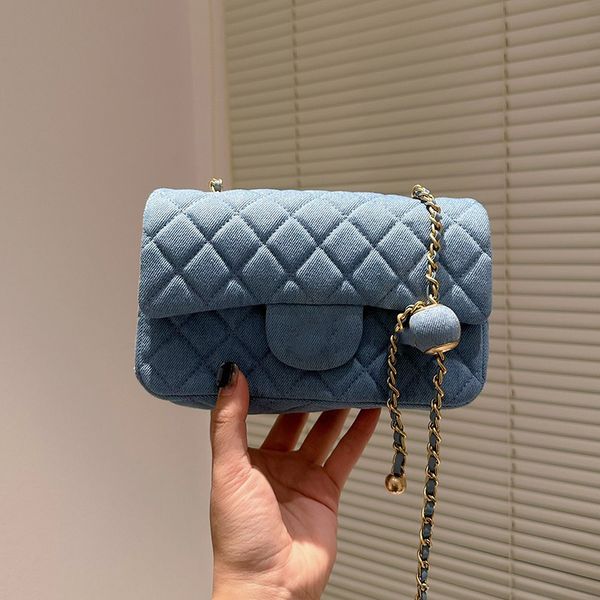 

women designer denim classic mini flap quilted bag rectangular purse blue crush ball vanity cosmetic gold metal hardware matelasse chain cro