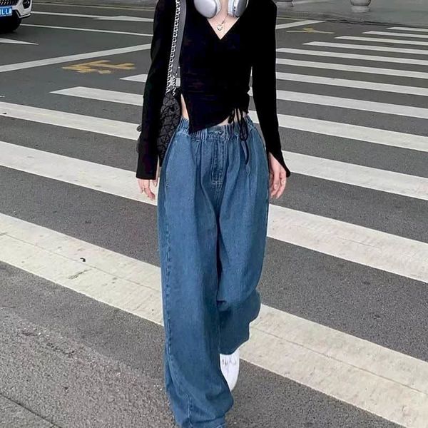 

women's jeans denim pant wide leg pants 2023 spring casual straight jean streetwear pockets elastic waist clothes 230331, Blue