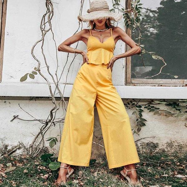 

spring yellow vest pant backless sling casual one piece trousers two suit, White