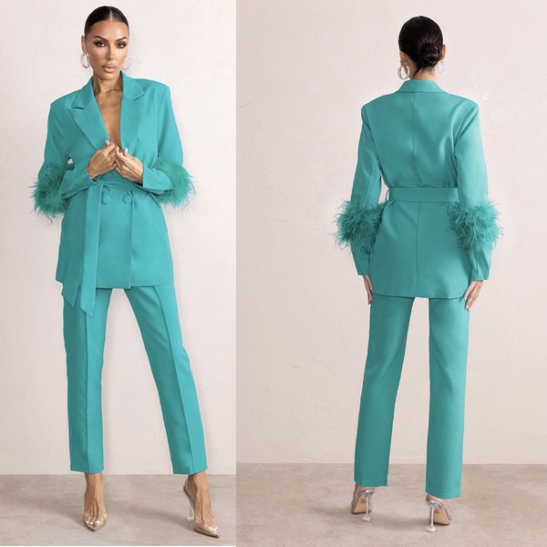 

ostrich feather mother of the bride pants suits custom made ladies women formal evening party blazer wear jacket 2 pieces, Black;red