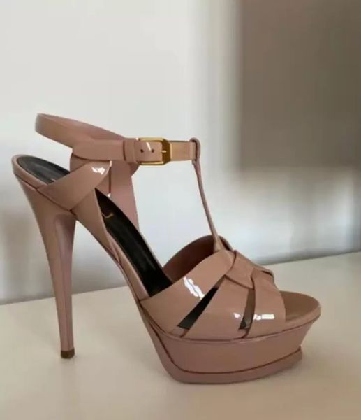 

famous brand designer sandals tribute patent soft leather platform sandals womens high heel stiletto gladiator sandalias t-strap lady shoes, Black