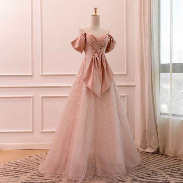 

pink long bridesmaid dress off shoulder glitter sequined pleated a-line robe ribbon party gown women celebrity toast clothing, White;pink