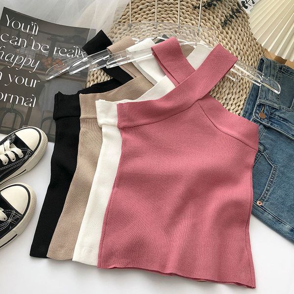 

women's tanks camis halter knitted off shoulder cut out basic slim crop y2k fashion corset bustier summer women sling 230331, White