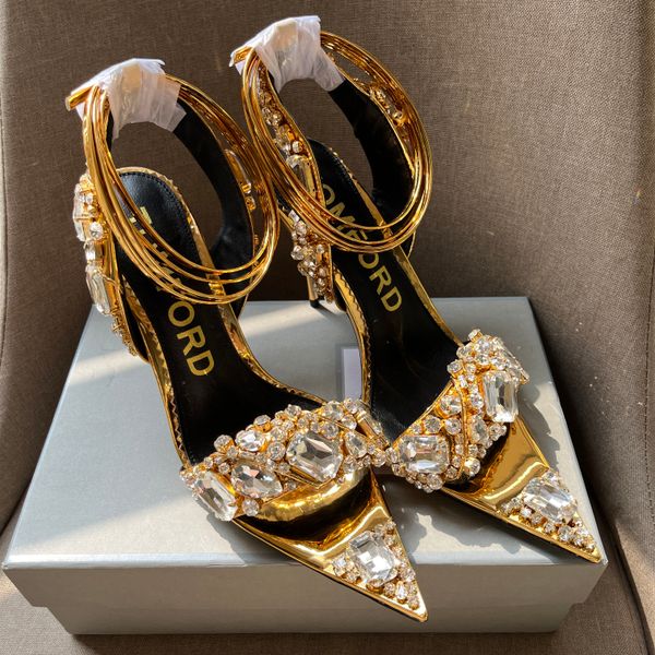 

mirror leather crystal pointe gemstone sandals gold wrap bandage 101mm women's luxury designer street style shoes factory footwear, Black