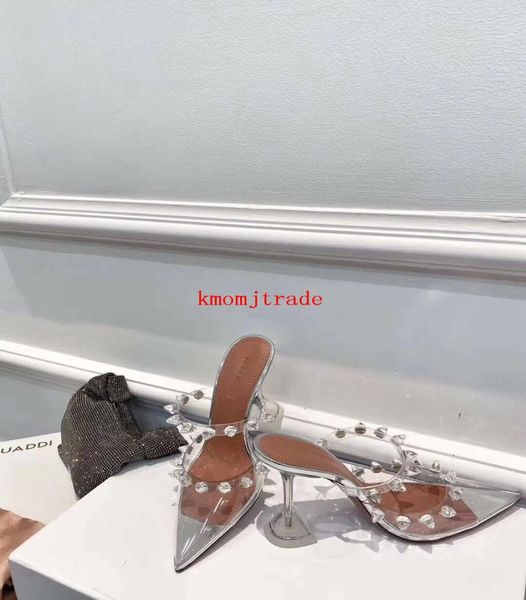

real pos amina muaddi julia 95mm patent spike sandals fashion julia embellished pvc mules new shoes1810491, Black