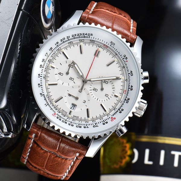 

2022 mens automatic date chronograph watch 50mm leather strap blue black sapphire wristwatches super luminous montre de luxe, Slivery;black