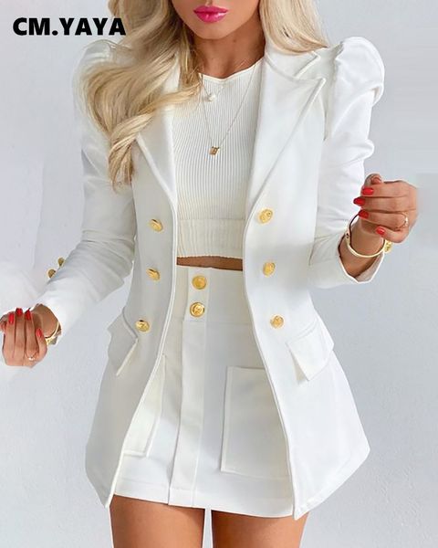 

two piece dress cm.yaya women elegant a-ling high waist skirts suit with puff sleeve blazers matching two 2 piece set outfits dress 230331, White